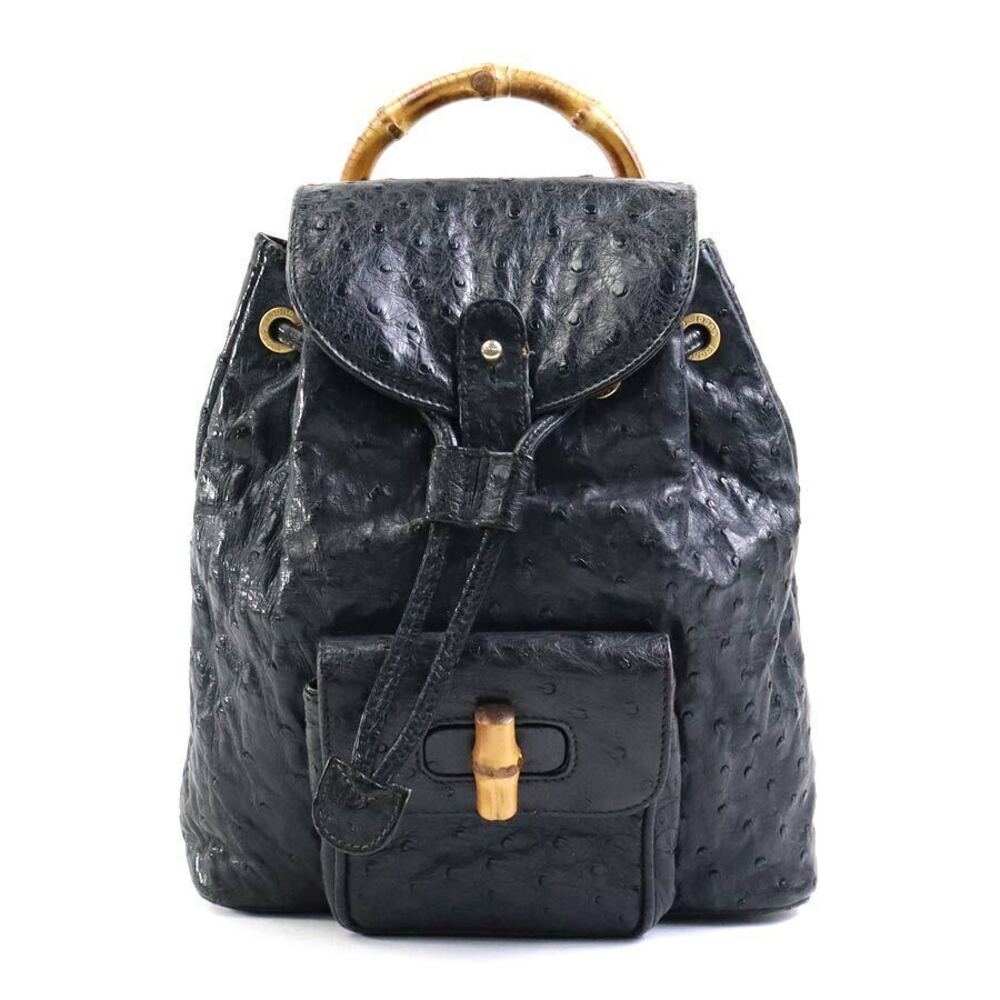 Gucci Bamboo Ostrich Leather Rucksack Drawstring Backpack Black